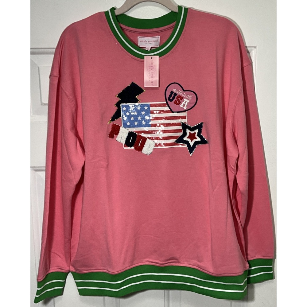 Simply Southern Pink American Made In The USA Flag Sweatshirt Women Large